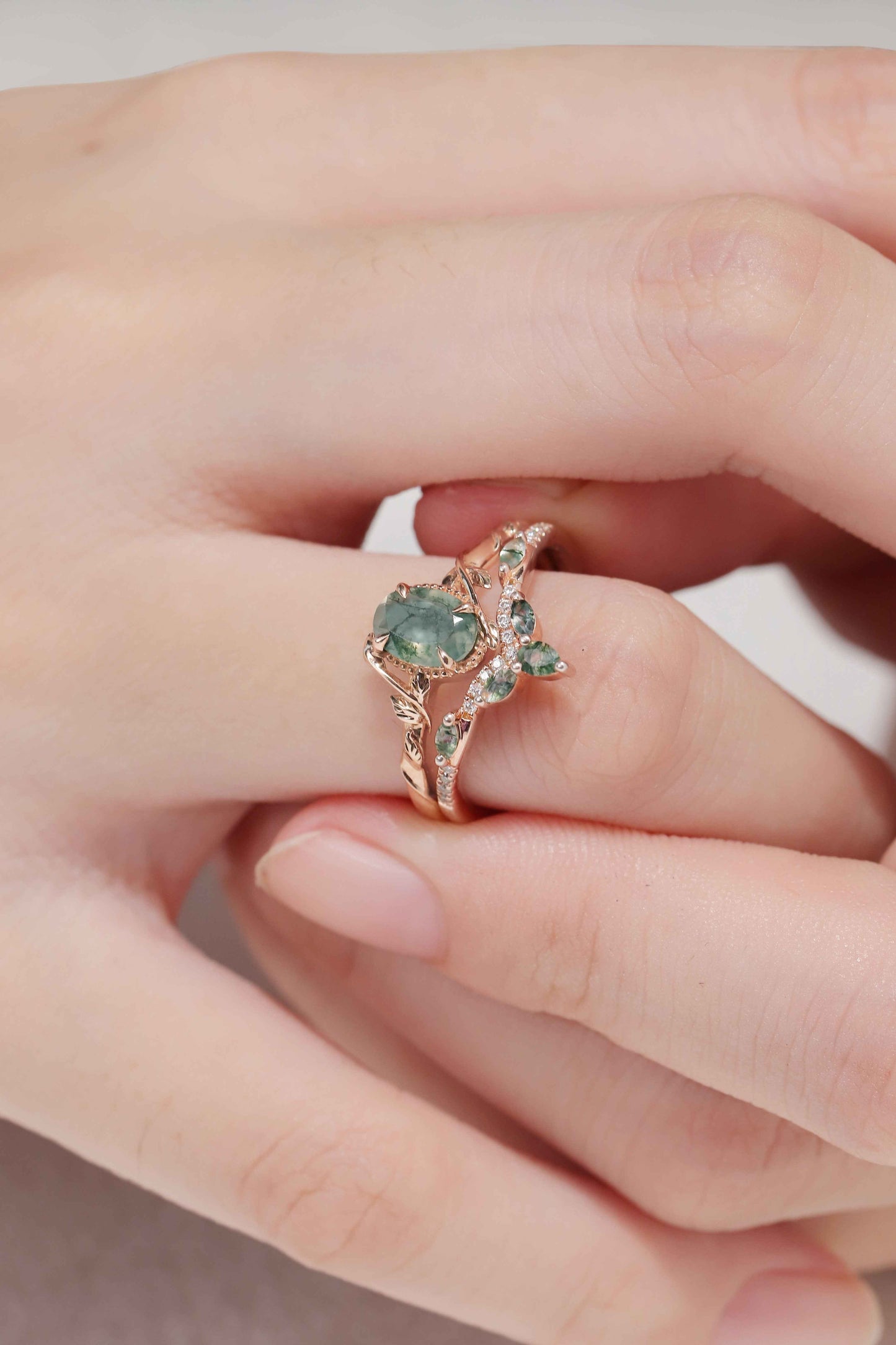 Ilarawen 1 Carat Oval Stackable Moss Agate Ring Set in 18K Rose Gold