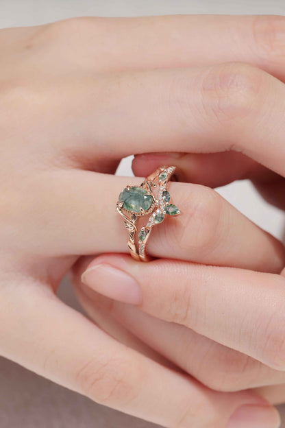 Ilarawen 1 Carat Oval Stackable Moss Agate Ring Set in 18K Rose Gold