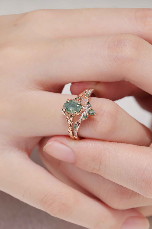 Ilarawen 1 Carat Oval Stackable Moss Agate Ring Set in 18K Rose Gold