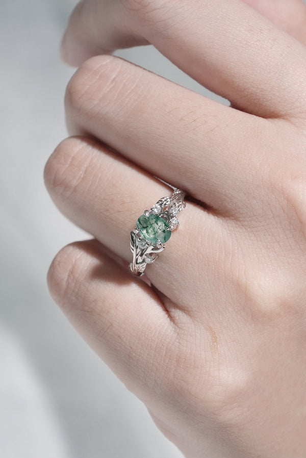 Ysolwen 1 Carat Oval Solitaire Moss Agate Ring in 925 Silver