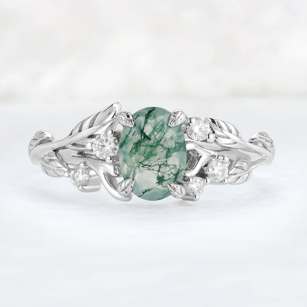 Ysolwen 1 Carat Oval Solitaire Moss Agate Ring in 925 Silver