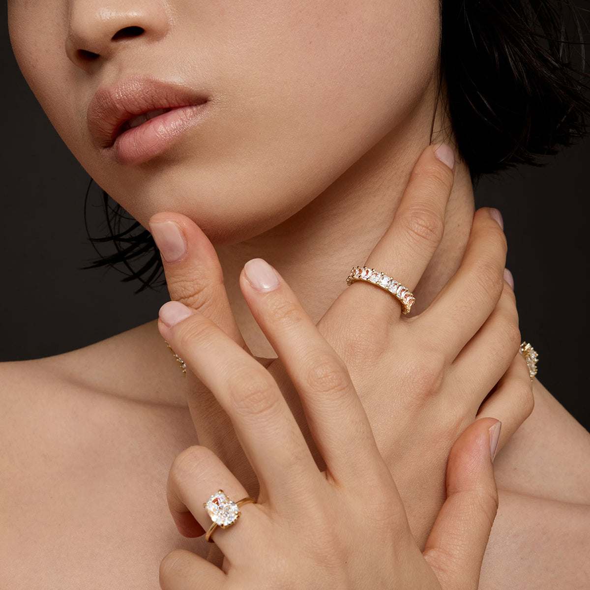 Lirawen ring with 3.5 ct cushion-cut moissanite and hidden halo on model's hand