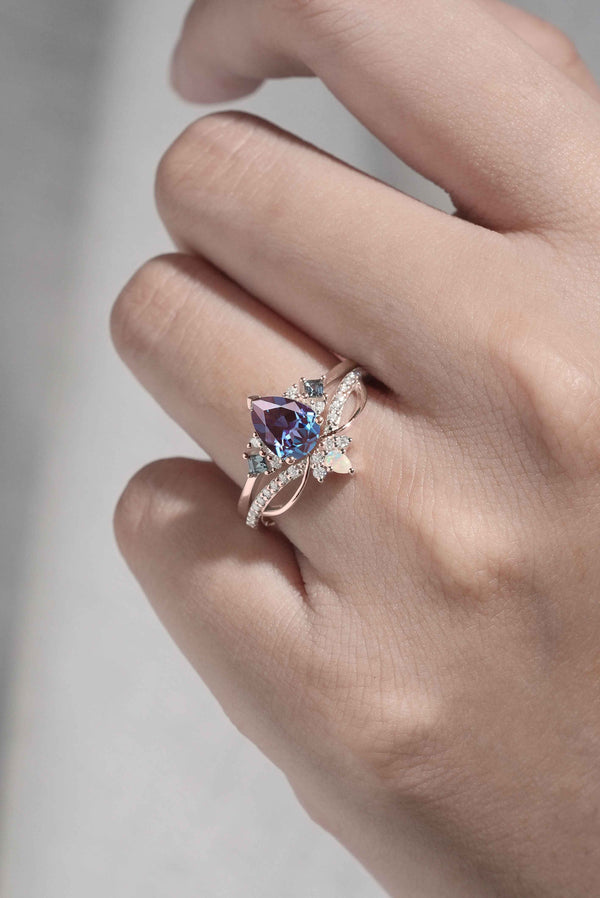 Meloriel 1 Carat Pear Stackable Alexandrite Ring Set in 925 Silver