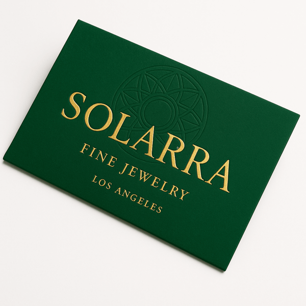 Green gift card envelope for Solarra Fine Jewelry Los Angeles with gold lettering