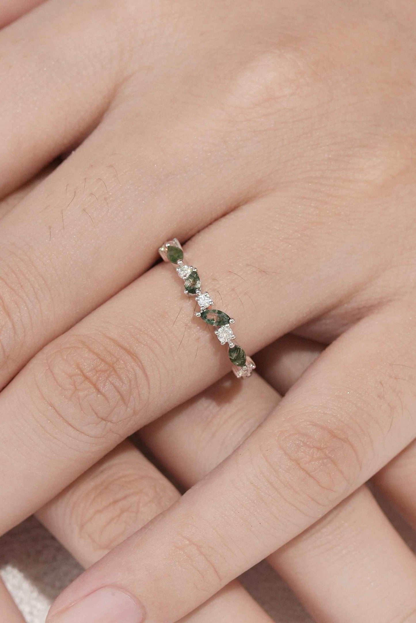 Imariel 0.1 Carat Marquise Half Eternity Moss Agate Band in 925 Silver