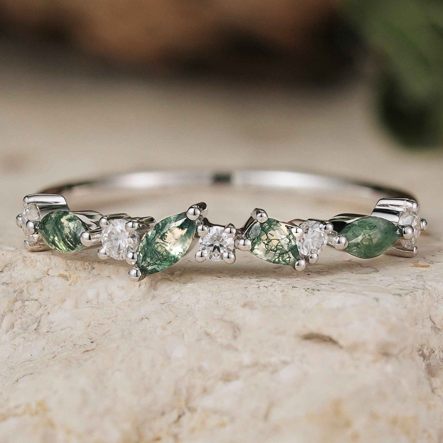 Imariel 0.1 Carat Marquise Half Eternity Moss Agate Band in 925 Silver