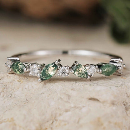 Imariel 0.1 Carat Marquise Half Eternity Moss Agate Band in 925 Silver