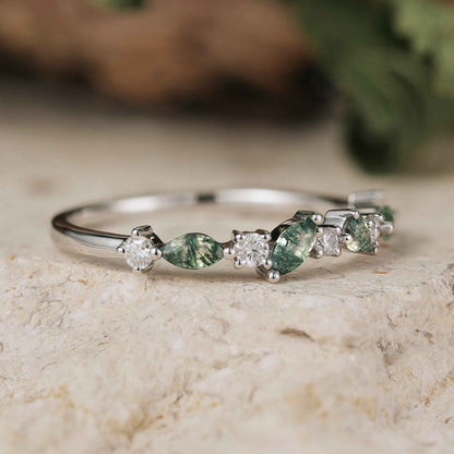 Imariel 0.1 Carat Marquise Half Eternity Moss Agate Band in 925 Silver