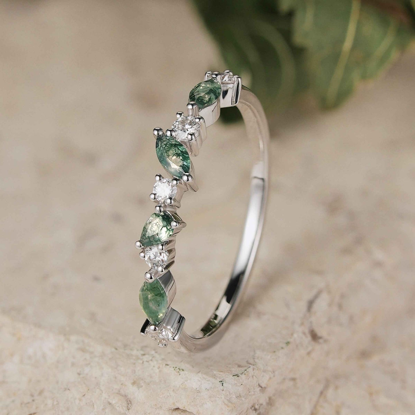 Imariel 0.1 Carat Marquise Half Eternity Moss Agate Band in 925 Silver