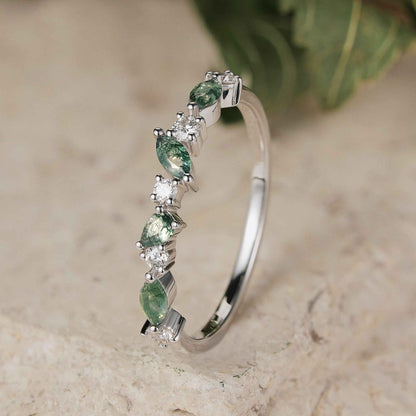 Imariel 0.1 Carat Marquise Half Eternity Moss Agate Band in 925 Silver