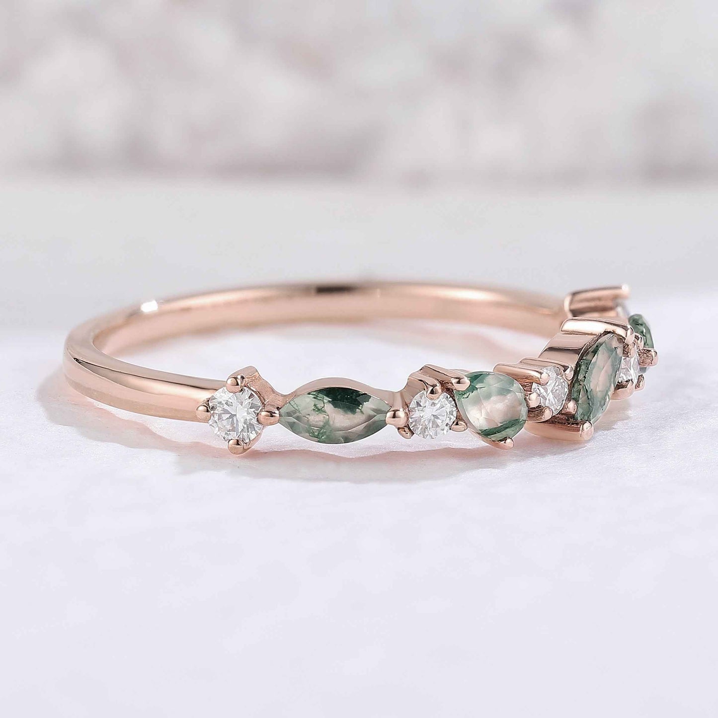 Imariel 0.1 Carat Marquise Half Eternity Moss Agate Band in 925 Silver