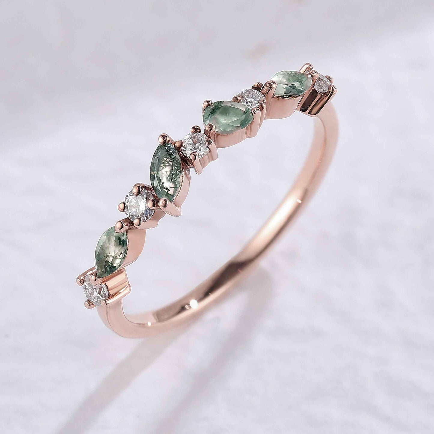 Imariel 0.1 Carat Marquise Half Eternity Moss Agate Band in 925 Silver