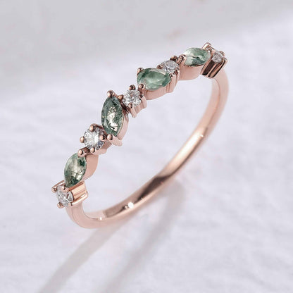 Imariel 0.1 Carat Marquise Half Eternity Moss Agate Band in 925 Silver