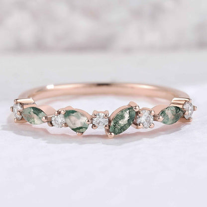 Imariel 0.1 Carat Marquise Half Eternity Moss Agate Band in 925 Silver