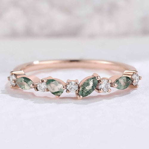 Imariel 0.1 Carat Marquise Half Eternity Moss Agate Band in 925 Silver