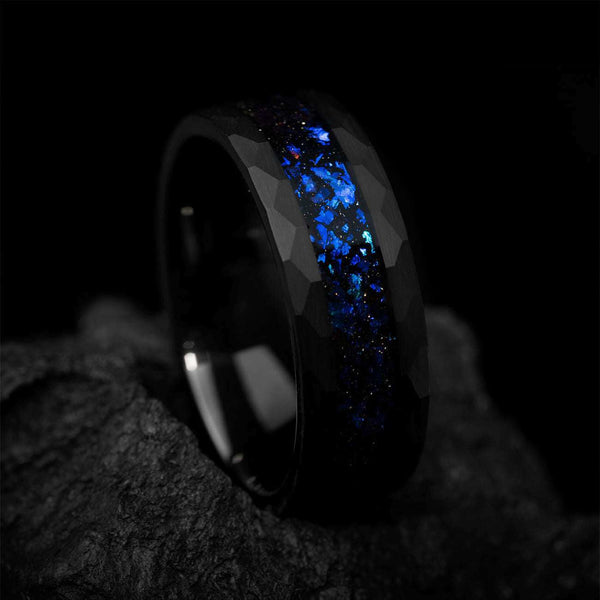Dianviel 8mm black eternity wedding band with blue alexandrite inlay and faceted design