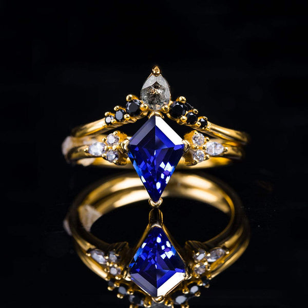 Quoriel stackable ring set with 1.5 ct kite-cut blue alexandrite and white and black diamonds on gold band