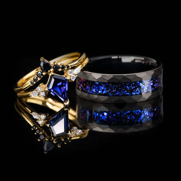 Quoriel stackable ring set with kite-cut alexandrite, white and black synthetic diamonds on reflective black surface