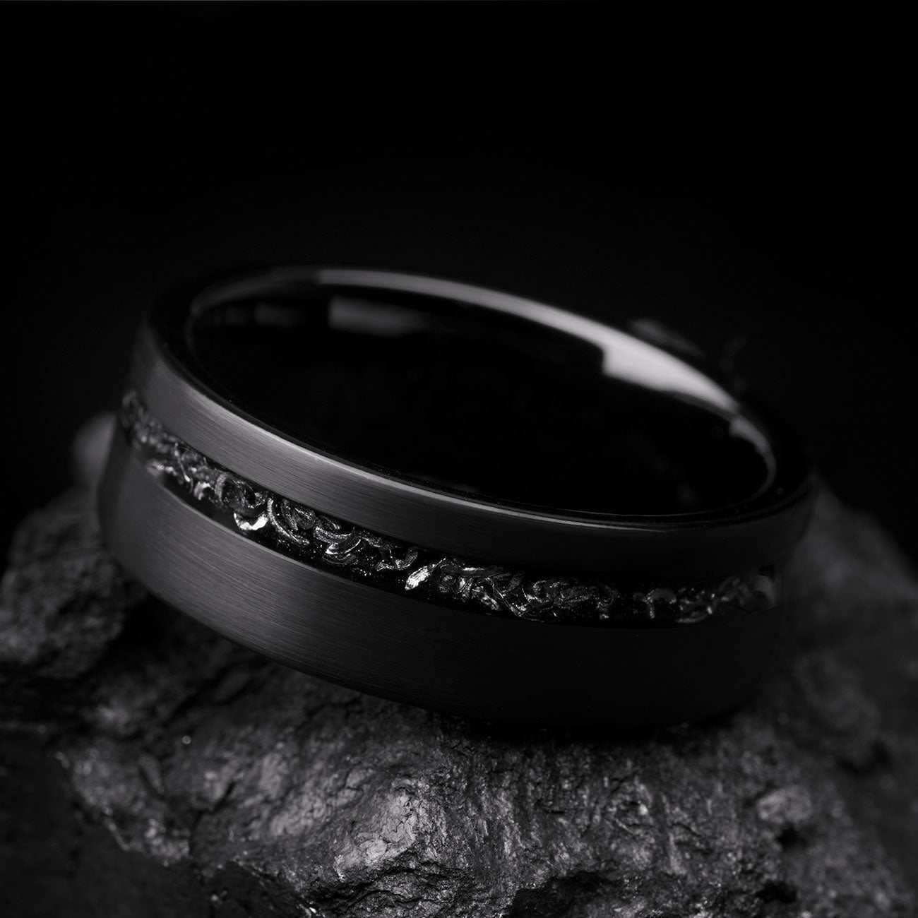 Yiloria black ring with meteorite inlay eternity design for men