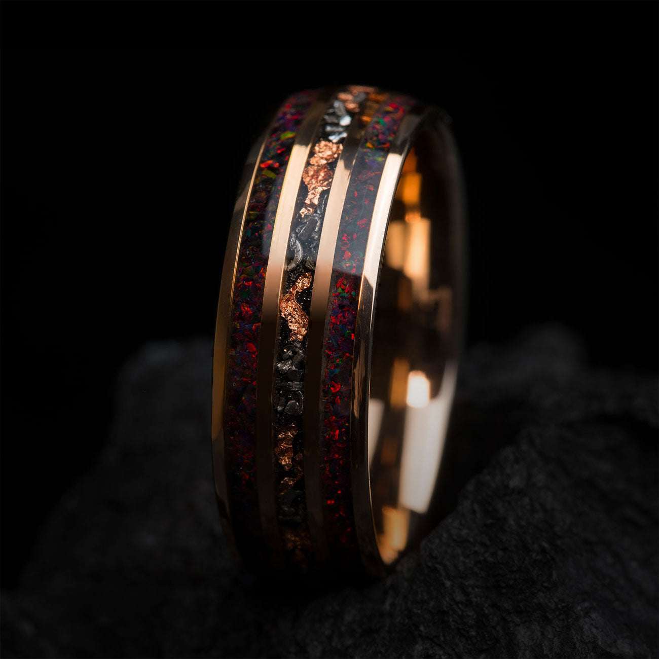 Uloria 8mm band with meteorite and rose gold foil inlay featuring fiery opal gemstone