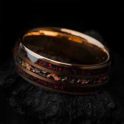Uloria ring with meteorite and rose gold foil inlay and fiery opal gemstone band