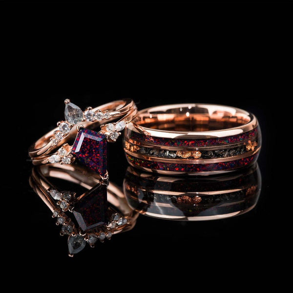Isolwen stackable ring set with 1.5 ct kite-cut red fire opal, pear-shaped salt and pepper diamonds, and white diamonds on rose gold bands