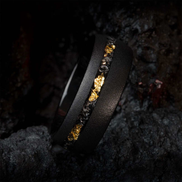 Falneria black tungsten carbide wedding ring with 22k gold leaf and meteorite inlay