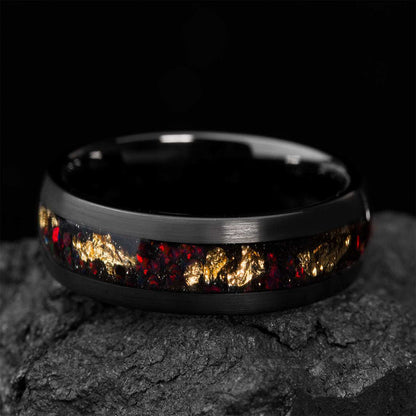 Aureliel black tungsten carbide wedding band with 22k gold leaf and opal accents, 8mm wide eternity design ring