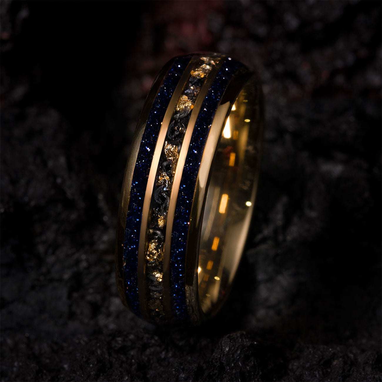 Vessaria gold tungsten and meteorite ring with 22k gold leaf and deep blue star sand band