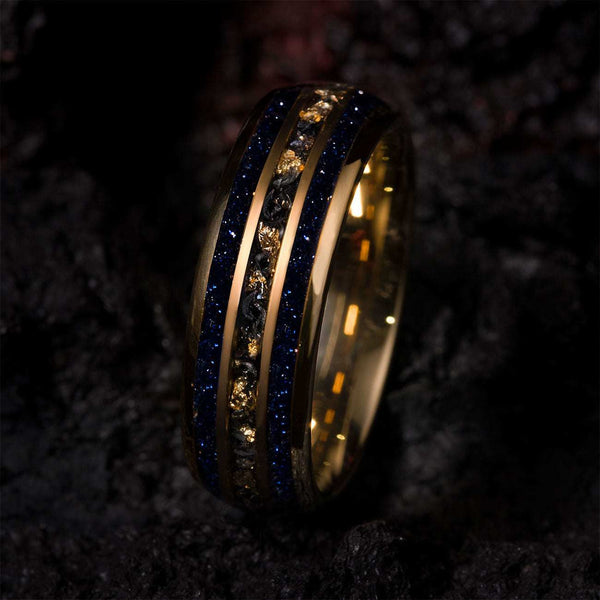 Doriwen ring with gold tungsten, meteorite, 22k gold leaf, and deep blue star sand sparkle design