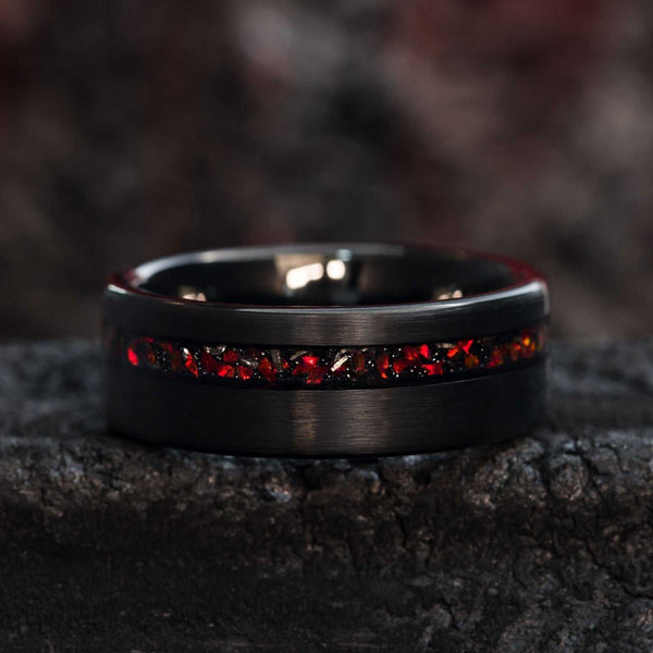 Elariviel 8mm wedding ring with Gibeon meteorite fragments and red fire opal accents