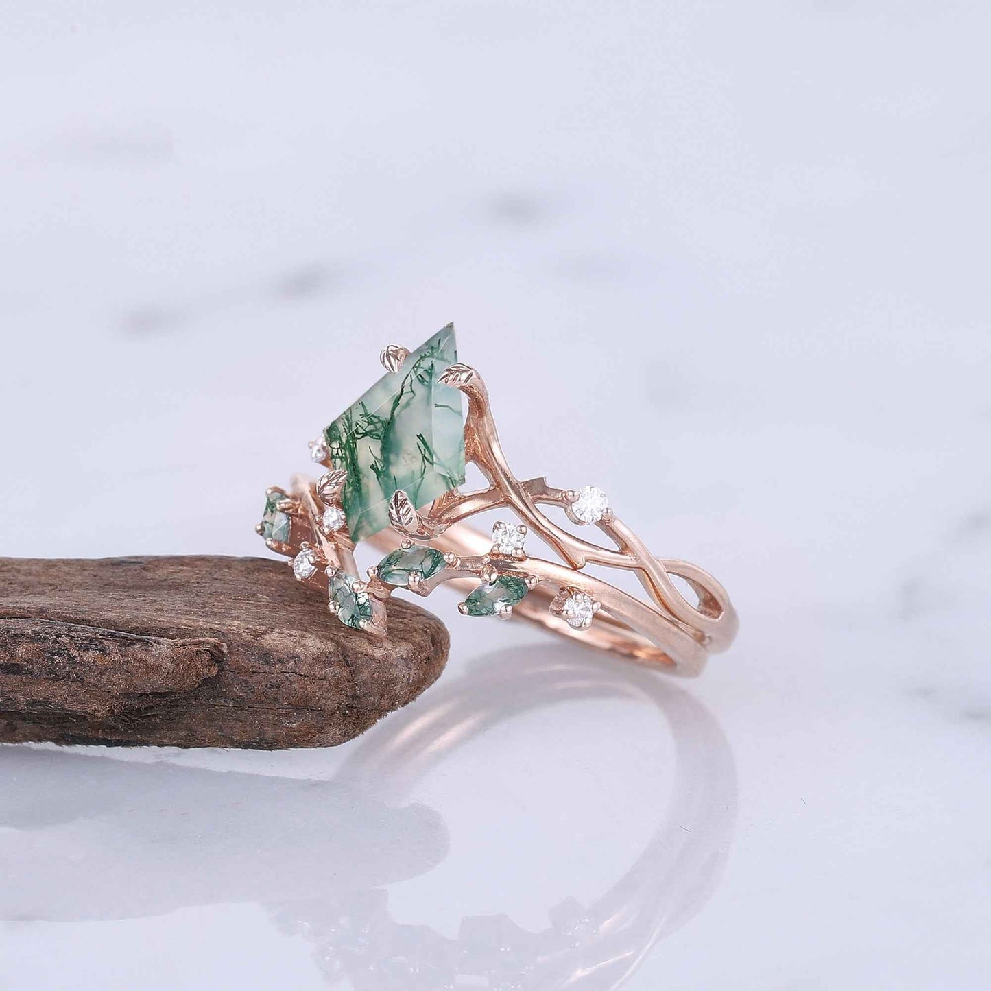 Kilarien 1.8 Carat Kite Stackable Moss Agate Ring Set in 925 Silver