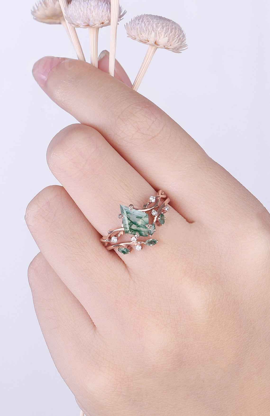 Kilarien 1.8 Carat Kite Stackable Moss Agate Ring Set in 925 Silver