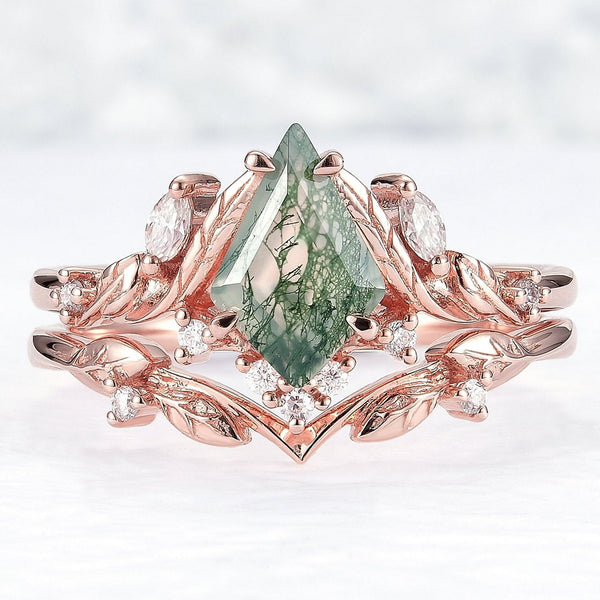 Palariel 1.2 Carat Kite Stackable Moss Agate Ring Set in 925 Silver