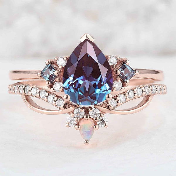 Meloriel 1 Carat Pear Stackable Alexandrite Ring Set in 925 Silver