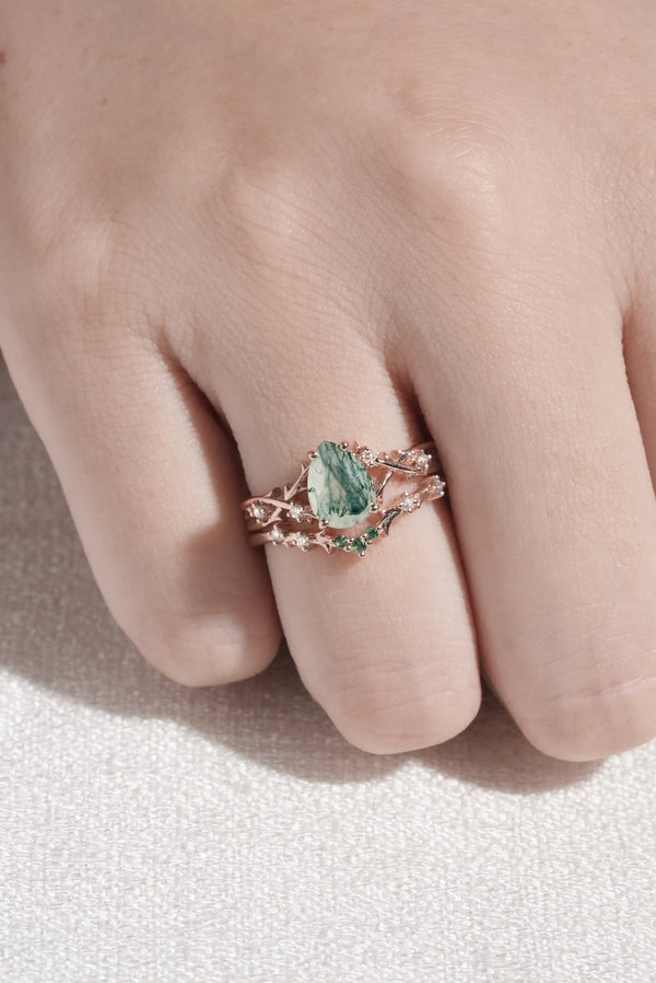 Kaldria 1 Carat Pear Stackable Moss Agate Ring Set in 925 Silver