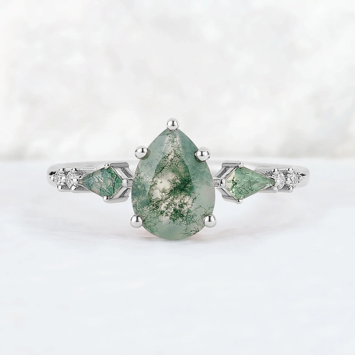 Soraviel 1.3 Carat Pear Three-stone Moss Agate Ring in 925 Silver