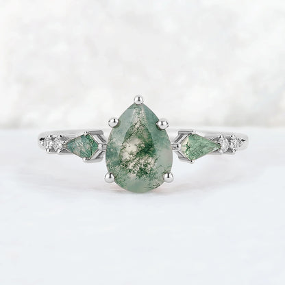 Soraviel 1.3 Carat Pear Three-stone Moss Agate Ring in 925 Silver