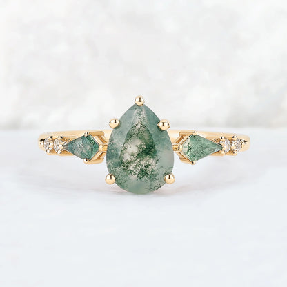Soraviel 1.3 Carat Pear Three-stone Moss Agate Ring in 925 Silver