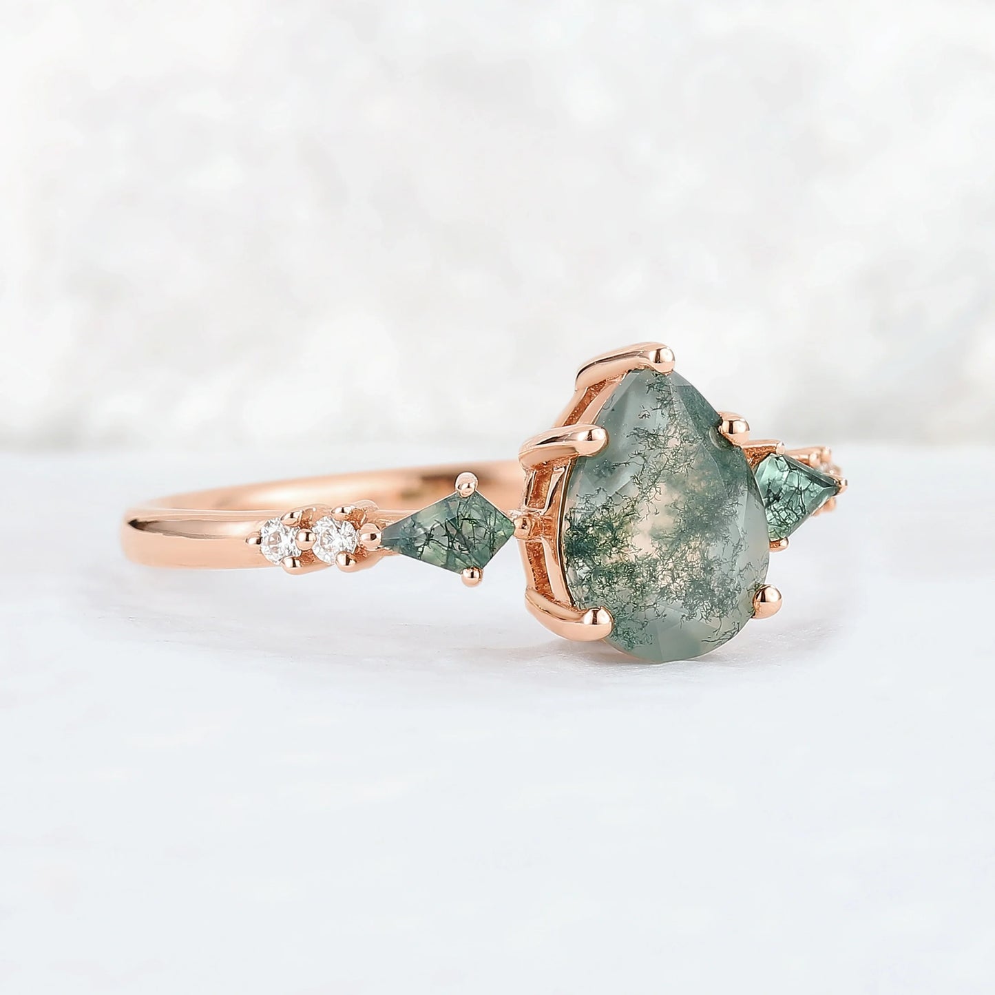 Soraviel 1.3 Carat Pear Three-stone Moss Agate Ring in 925 Silver