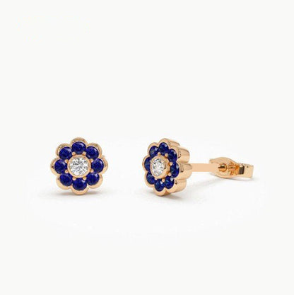 Sapphire Flower Stud Earrings | Lab Grown Round Brilliant Cut Diamond & 18K Solid Gold Bezel Setting | Minimalist Jewelry for Women & Men
