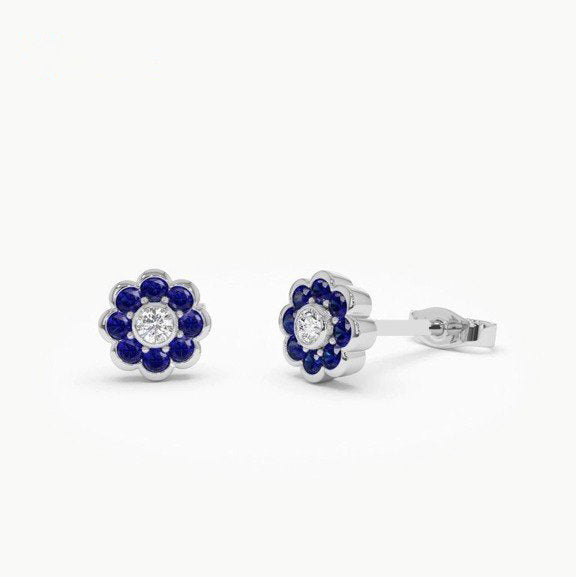 Sapphire Flower Stud Earrings | Lab Grown Round Brilliant Cut Diamond & 18K Solid Gold Bezel Setting | Minimalist Jewelry for Women & Men