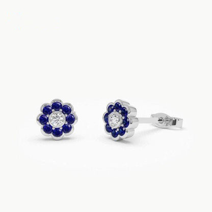 Sapphire Flower Stud Earrings | Lab Grown Round Brilliant Cut Diamond & 18K Solid Gold Bezel Setting | Minimalist Jewelry for Women & Men