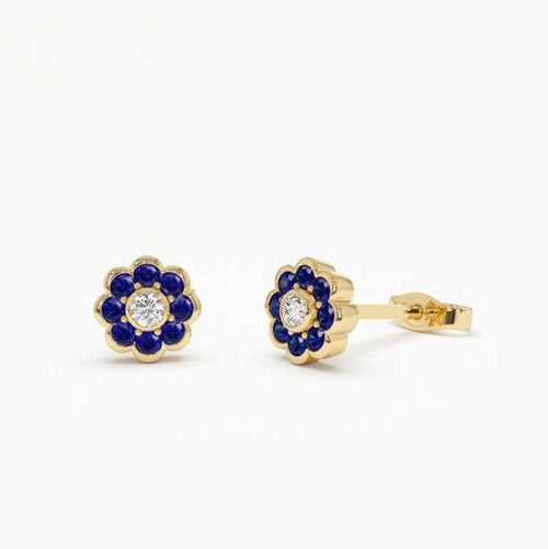 Sapphire Flower Stud Earrings | Lab Grown Round Brilliant Cut Diamond & 18K Solid Gold Bezel Setting | Minimalist Jewelry for Women & Men