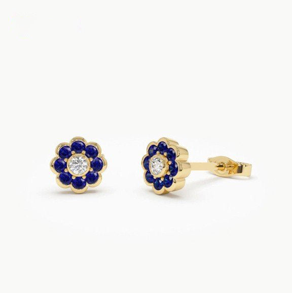 Sapphire Flower Stud Earrings | Lab Grown Round Brilliant Cut Diamond & 18K Solid Gold Bezel Setting | Minimalist Jewelry for Women & Men