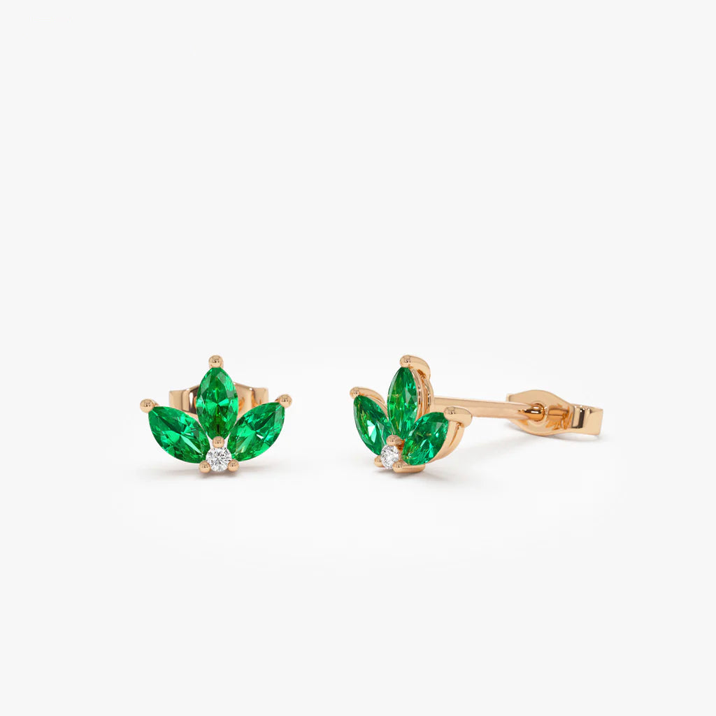 Emerald Petal Dangle Earrings | Lab Grown Round Cut Diamond & 18K Solid Gold | Women's Jewelry for Gift, Party, Engagement