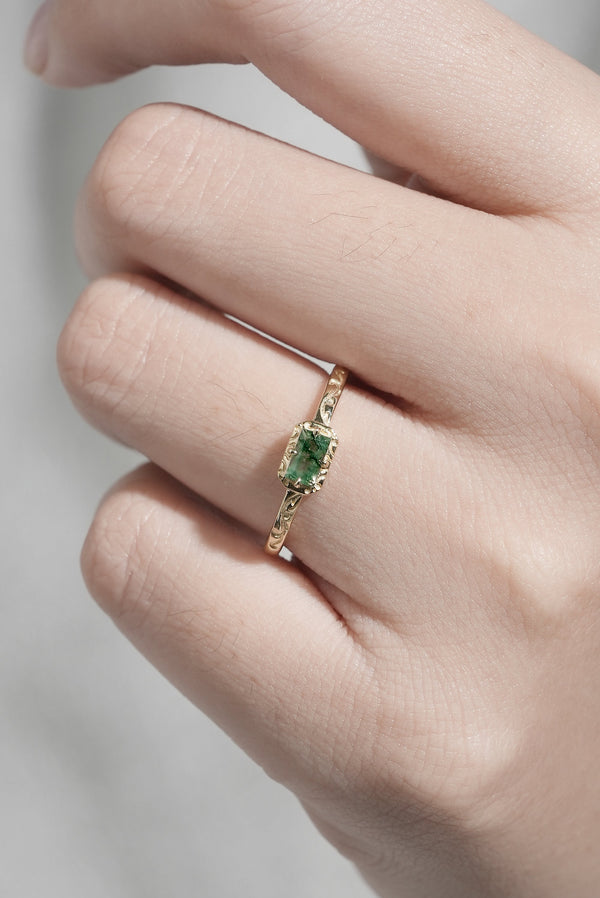 Thirawen 0.5 Carat Baguette Solitaire Moss Agate Ring in 925 Silver