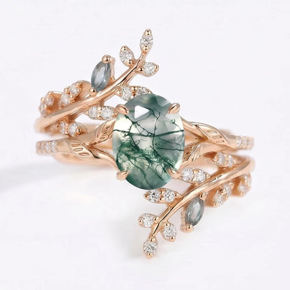 Eldoria 1.5 Carat Oval Stackable Moss Agate Ring Set