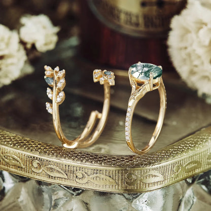 Eldoria 1.5 Carat Oval Stackable Moss Agate Ring Set