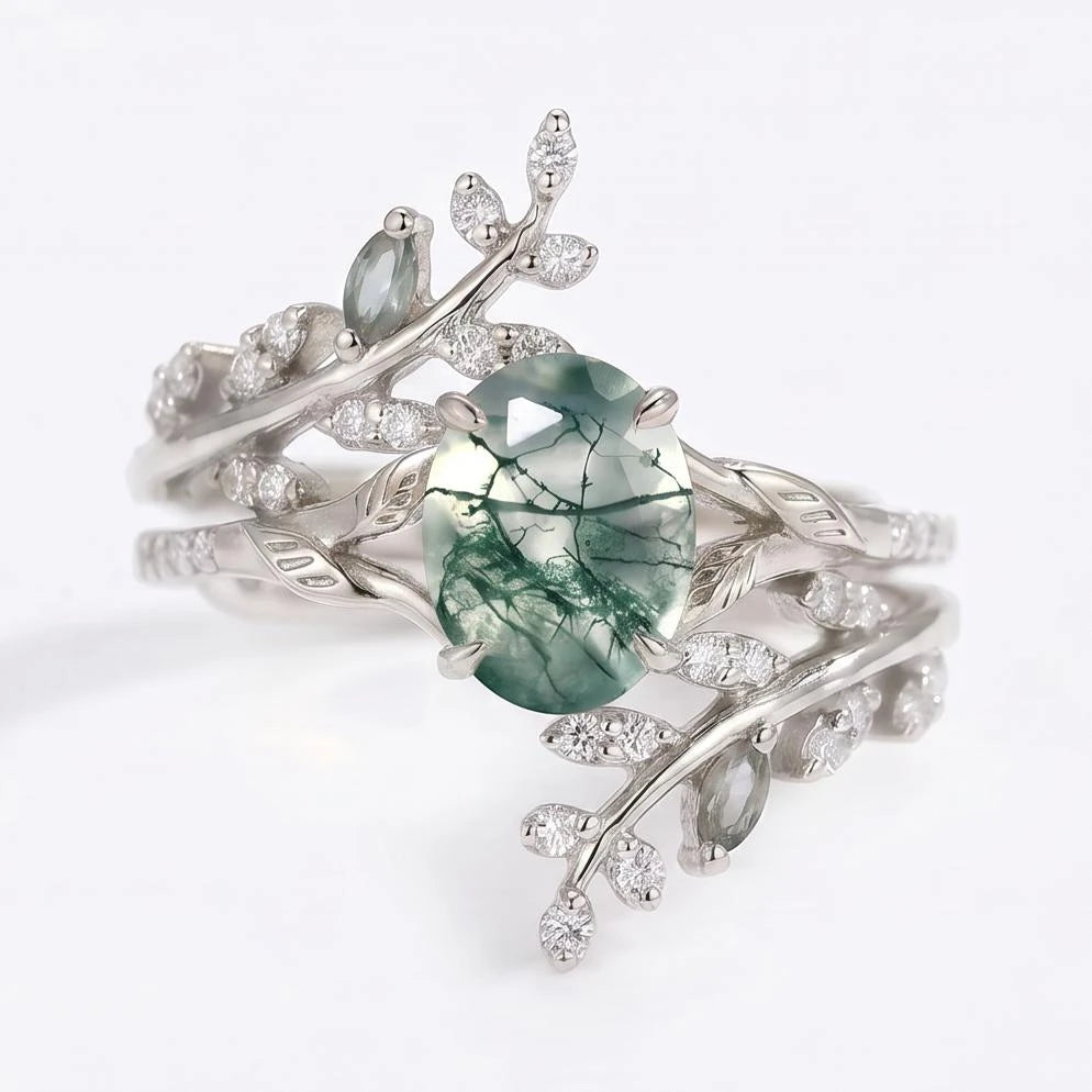 Eldoria 1.5 Carat Oval Stackable Moss Agate Ring Set